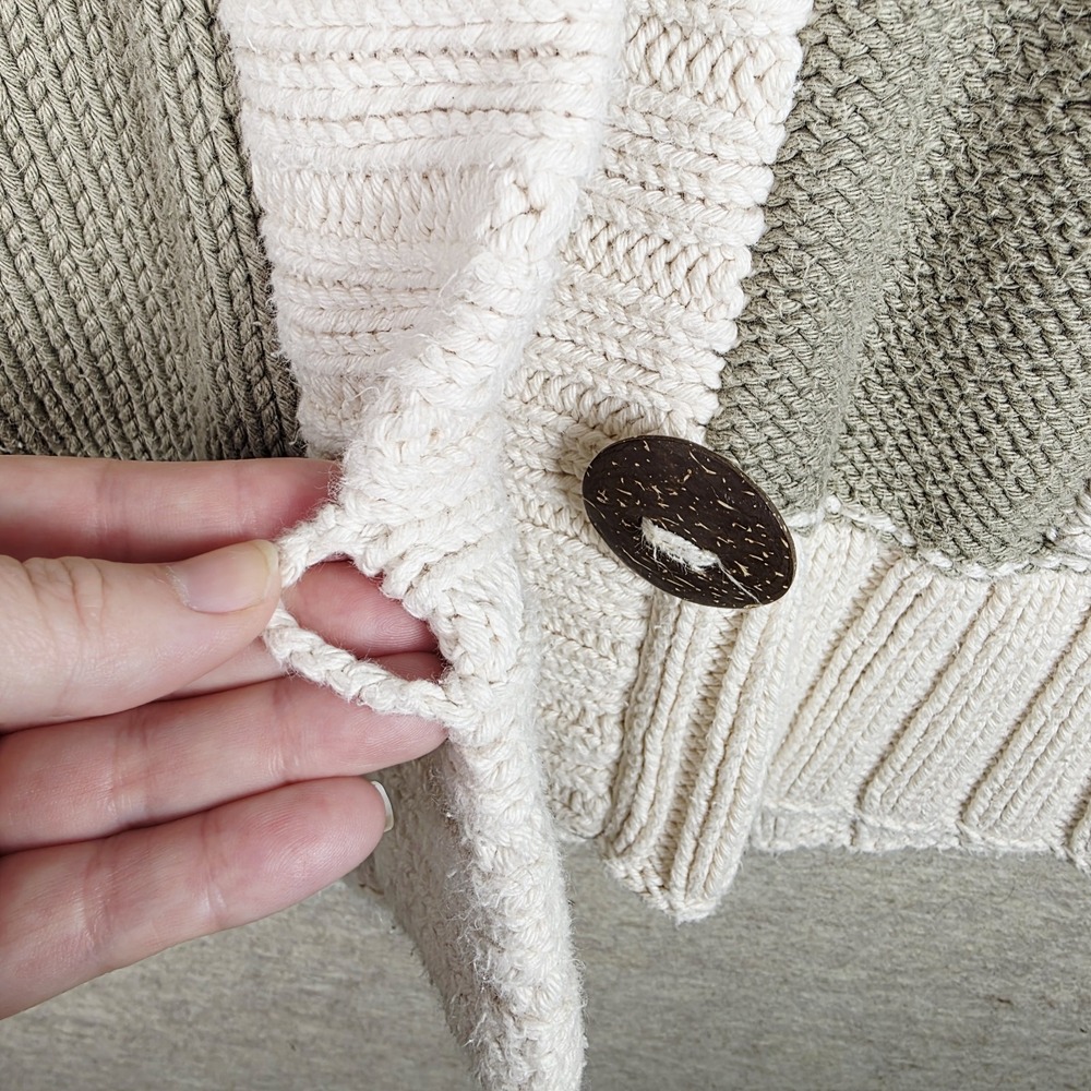 Hand-knit Cabin Coastal Patchwork Sweater Cowl Neck Button Front Chunky‎ Neutral - Picture 13 of 15